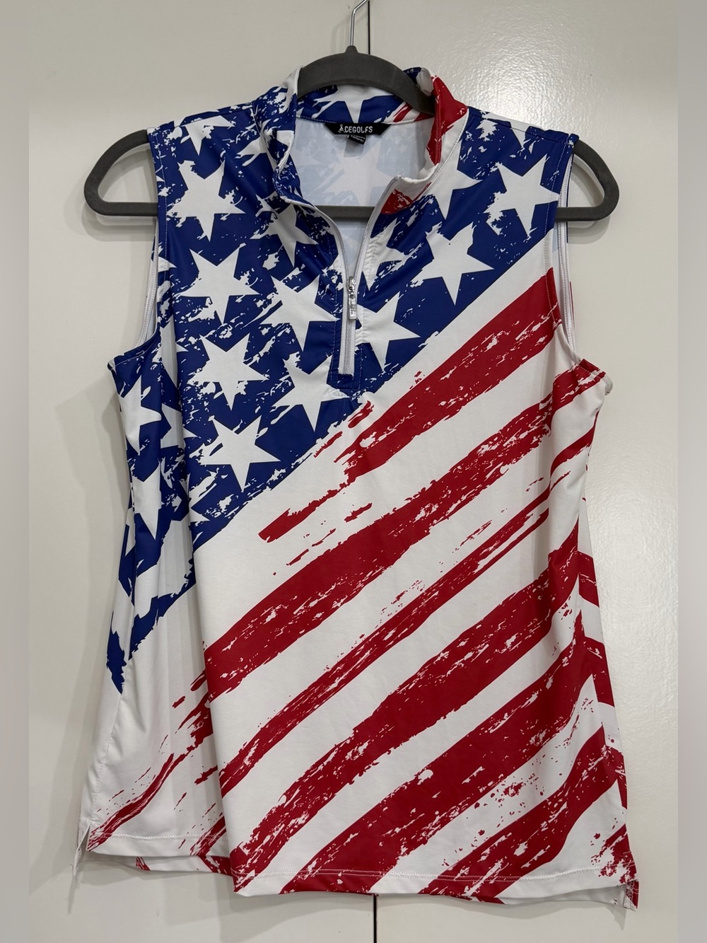 Sleeveless Patriotic Golf/Athletic Top with Mock Collar - Red/Blue/White